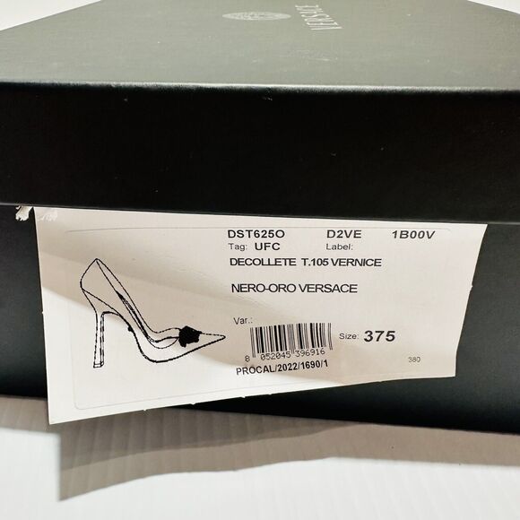 Versace Medusa 37.5/ US 7.5 Gold Black Patent Leather Pointed Toe Pump NIB $995 - Picture 14 of 15